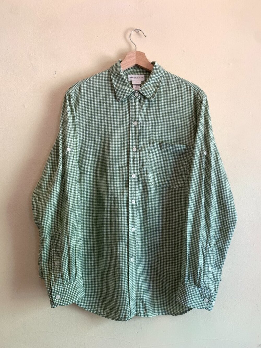 VINTAGE Jones New York Sport Linen Button Down Shirt Green Gingham Women's Size
